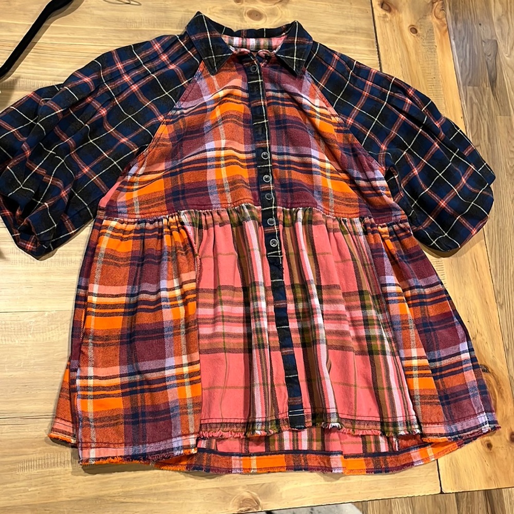 We the free “moonbae mix” flannel puffed sleeve shirt or dress